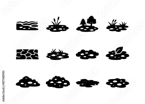 Natural Mud Icons. Natural Mud. Solid icon set of Natural Mud: riverbank mud, lakeside mud, forest mud, swamp mud, clay soil, wetland mud, natural soil mud,