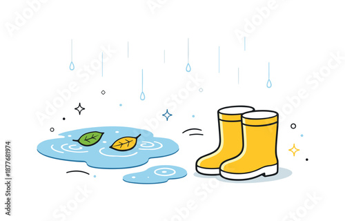 Rainy Spring Scene. Spring Puddles and Rain Boots. Minimal composition showing boots near puddles with floating leaves and raindrops. Calm spring rain scene
