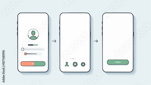 smartphone screens showing a user interface progression with green and white elements