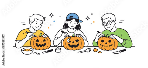 Pumpkin Carving Friends. Friends carving pumpkins creativity. Friends focused on carving unique pumpkin faces with smiles and concentration. Creative flow and