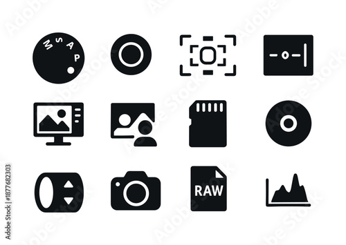 Photographer Workflow Icons. Photographer workflow. Solid icon set of photographer workflow: camera settings dial, shutter button, focus grid, light meter,