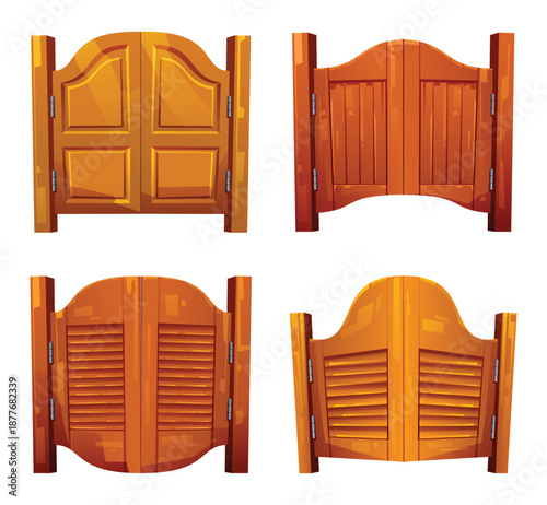 Four different styles of wooden saloon swinging doors from the old wild west. Vector cartoon illustration