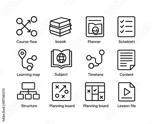 Curriculum Design Icons. Curriculum design. Line icon set of Curriculum design: course flow, book stack, planner sheet, learning map, subject icon, timeline