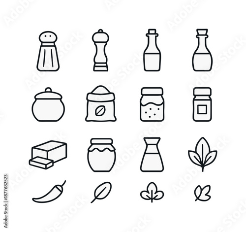 Cooking Ingredients Icons. Cooking ingredients. Line icon set of cooking ingredients: salt shaker, pepper grinder, oil bottle, vinegar bottle, sugar jar, flour