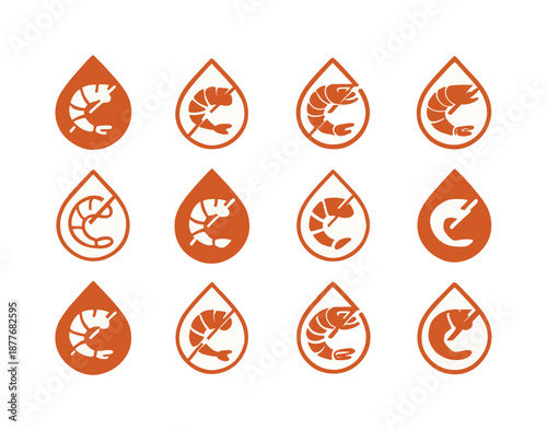 Shrimp Skewer Logos. Shrimp skewers. Icon set. Set Logo of shrimp skewers: shrimp marinade droplet. harmonious logo variations of the same emblematic concept,