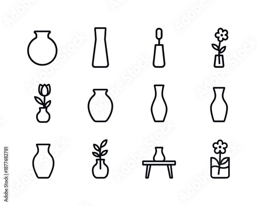 Flower Vase Icons. Tabletop flower vase. Line icon set of Tabletop flower vase: round vase, tall vase, bud vase, single flower stem, tulip in vase, ceramic