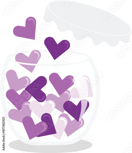 A clear glass jar filled with various shades of purple and violet hearts. The lid is tilted open as hearts float upward, representing spreading love, kindness, or positive emotions.