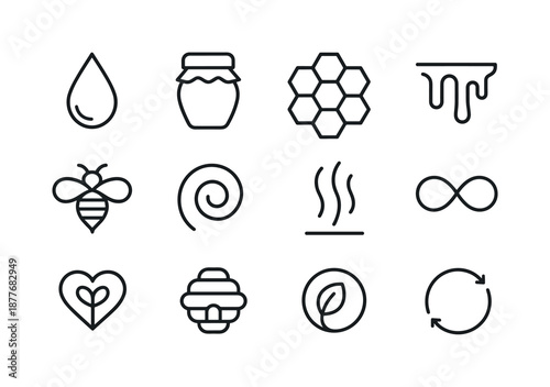 Bee Line Icons. How bees make honey. Line icon set of symbolic honey motifs: honey droplet, honey jar, honeycomb cluster, hex pattern icon, dripping honey