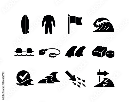 Surf Zone Icons. Surf zone. Solid icon set of surf zone: surfboard, wetsuit, surf flag, breaking wave zone, lineup marker, surf leash, fins icon, surf wax,