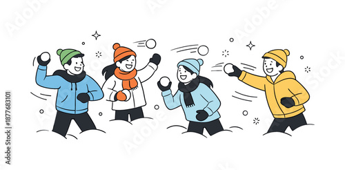 Winter Snowball Fight. Snowball fight winter fun. Group of friends laughing while tossing snowballs with gentle motion lines. Playful energy, movement and