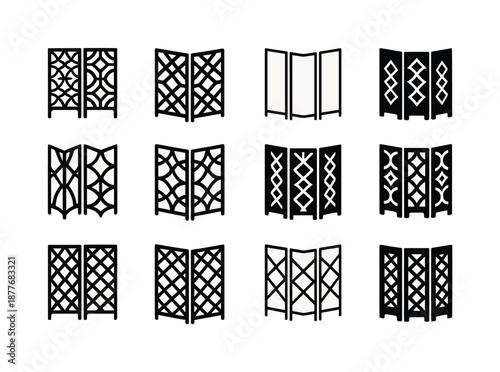 Folding Screen Logos. Folding screen. Icon set. Set Logo of folding screen: decorative lattice screen. harmonious logo variations of the same emblematic