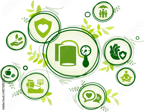 High blood pressure / hypertension vector illustration. Green concept with icons related to cardiovascular or heart health, holistic treatment, plant-based or herbal medicine, naturopathy.