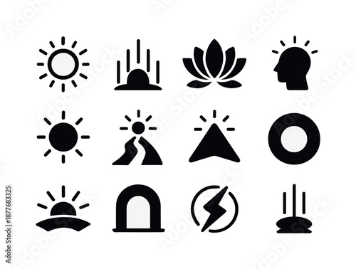 Enlightenment Icon Grid. Enlightenment. Solid icon set of enlightenment: radiant halo, ascending light, lotus bloom, awakened mind, glowing orb, path to light,