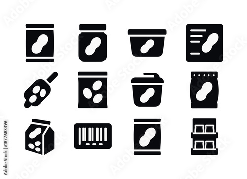 Peanut Packaging Icons. Peanut packaging. Solid icon set of peanut packaging: snack pouch, sealed jar, peanut butter tub, nutrition label, scoop