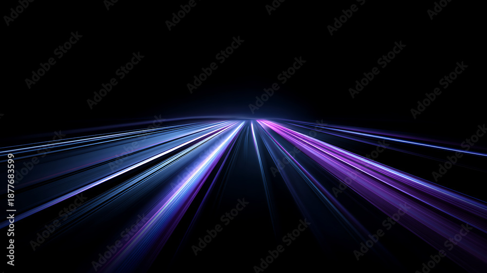 Fototapeta premium Dynamic abstract blue and purple light trails on a dark background, representing high speed, data flow, and future technology. Perfect for modern, energetic, and innovative digital designs.