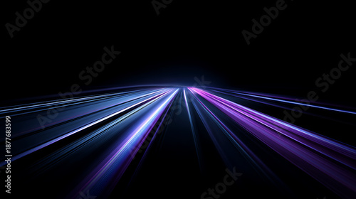 Dynamic abstract blue and purple light trails on a dark background, representing high speed, data flow, and future technology. Perfect for modern, energetic, and innovative digital designs.