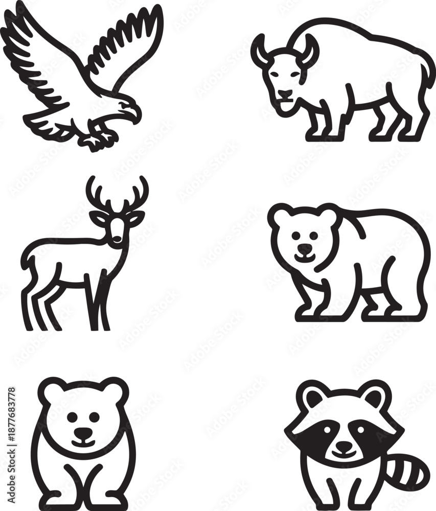 Obraz premium USA Wildlife Icon Set – Minimal Flat Black Outline Collection Featuring Bald Eagle, American Bison, White-tailed Deer, Grizzly Bear, and Raccoon with Transparent Background