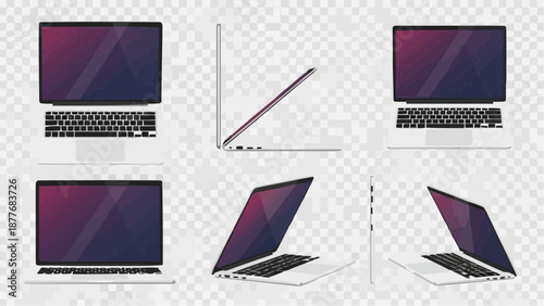 Multiple views of a white laptop computer with purple screen