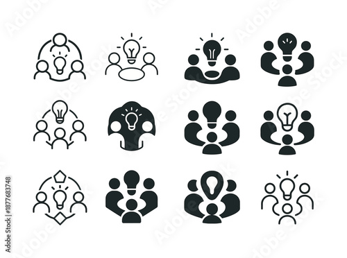 Innovative Team Logos. Team brainstorming innovative ideas. Icon set. Set Logo of team brainstorming innovative ideas: networked collaboration