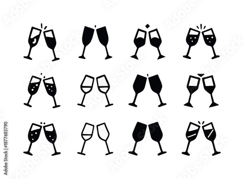 Party Drink Logos. party drinks. Icon set. Set Logo of party drinks: champagne flute pair. harmonious logo variations of the same emblematic concept, each with
