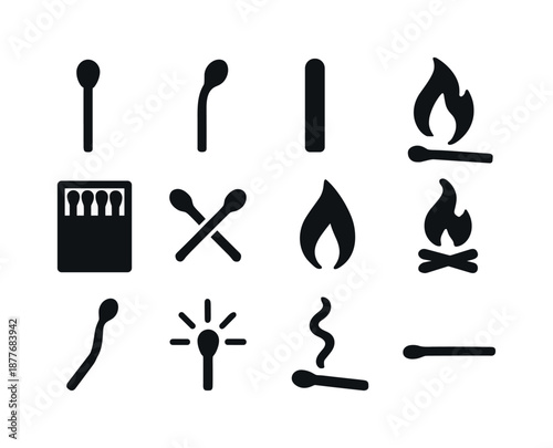 Matchstick Icon Collection. Matchsticks. Solid icon set of Matchsticks: match head, burnt match, striking stick, fire match, box of matches, crossed matches,
