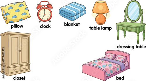 Bedroom furniture set, cartoon pillow, alarm clock, blanket, table lamp, dressing table, closet, bed, flat vector illustration