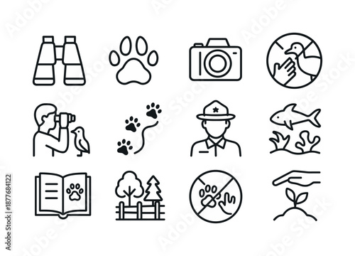 Ethical Tourism Icons. Sustainable tourism. Line icon set of ethical wildlife tourism: binoculars icon, animal footprint, wildlife camera, do not feed sign,