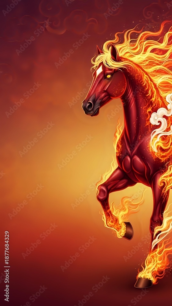 Fototapeta premium Majestic red fire horse with flowing flame mane rearing up against warm gradient background with decorative swirls for fantasy and mythical creature designs.