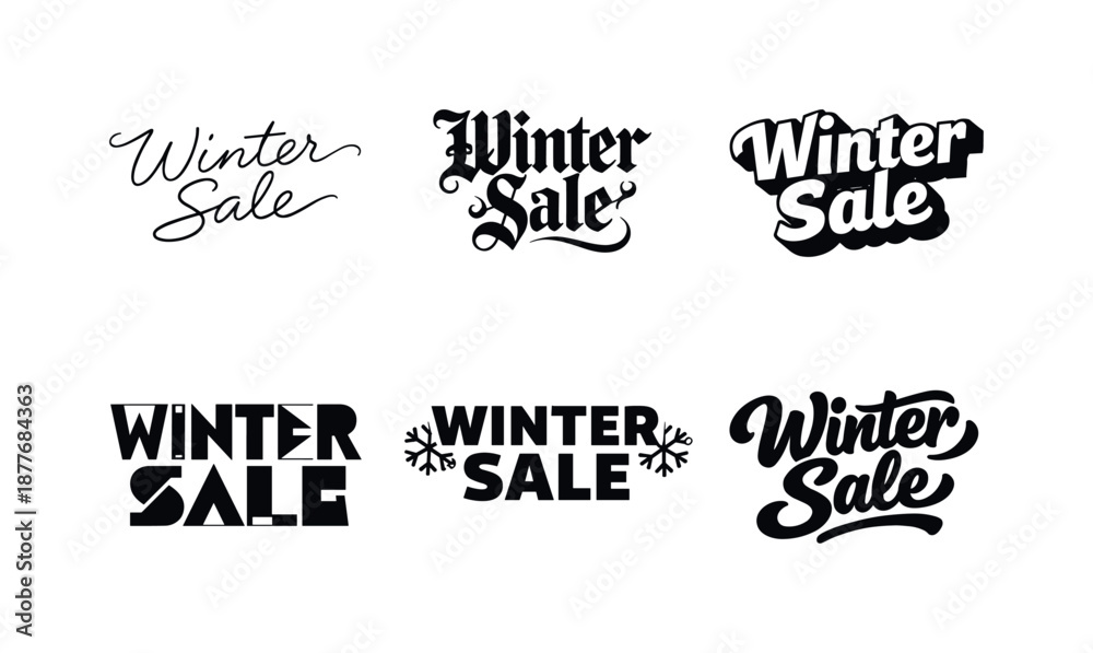 Obraz premium Winter Sale Lettering Grid. Winter Sale Event. Set lettering. harmonious lettering variations of the same emblematic concept, each with different artistic
