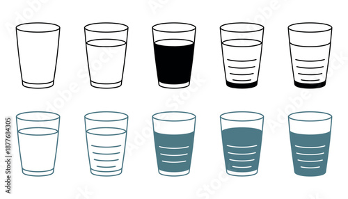 Water Glass Icon Vector Pack with Tall, Full, Half, and Empty Glasses in Blue and Black Flat Outline