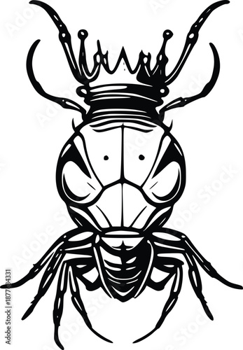 Black and White Illustration of an Ant wearing a Royal Crown, Stylized Insect King Graphic