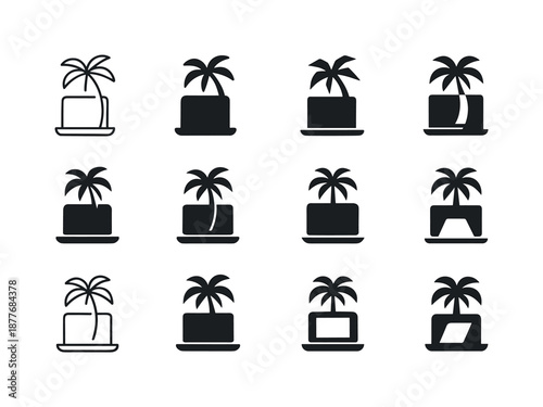 Digital Nomad Icons. Digital Nomad Communities and Remote Workspaces. Icon set. Set Logo of digital nomad communities and remote workspaces: laptop under palm