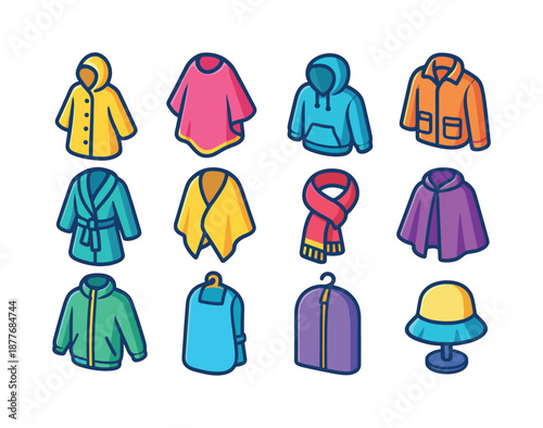 Colorful Clothing Icons. Clothing covers. Colorful isometric vector icons set of clothing covers: raincoat, poncho, hoodie, jacket, coat wrap, shawl, scarf,