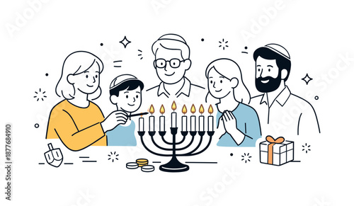 Lighting the Menorah. People lighting menorah. Family or friends gathered around a menorah, gently lighting candles, calm reverence and warm holiday