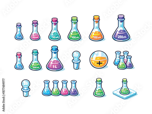 Colorful Lab Flasks. Volumetric Flasks. Colorful isometric vector icons set of Volumetric Flasks: mL flask, mL flask, mL flask, mL flask, mL flask, mL flask, L
