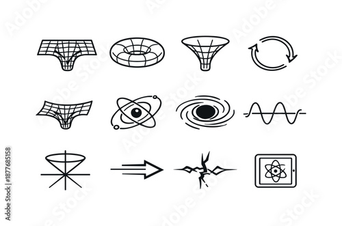 Space-Time Physics Icons. Space-time physics. Line icon set of Space-time physics: space-time grid, wormhole ring, gravity well, temporal loop, curvature