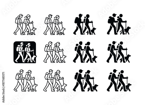Family Hiking Icons. family hiking together. Icon set. Set Logo of family hiking together: family with dog companion. harmonious logo variations of the same