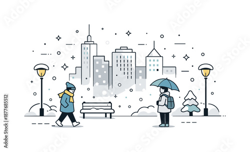 Snowy Urban Serenity. Snowfall in the City. Tall buildings and streetlights with snow gently falling, creating a soft and atmospheric urban scene.