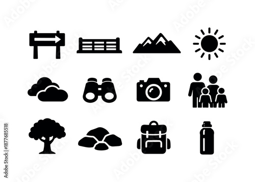 Family Scenic Icons. Family scenic overlook. Solid icon set of family scenic overlook: viewpoint sign, railing, mountain silhouette, sun icon,