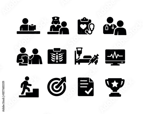 Healthcare Journey Icons. Healthcare journey. Solid icon set of healthcare journey: patient registration, nurse triage, vitals check, doctor consultation,