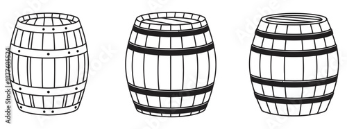Wooden barrel line art vector set, including classic barrels, vintage storage containers, wooden casks, rustic design elements, beverage storage, alcohol and wine illustration icons.