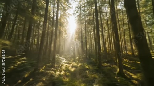 4K Sunlight Through Misty Forest: Golden Rays, Mossy Ground & Ethereal Atmosphere in Magical Woodland