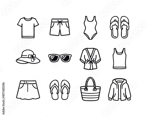 Summer Clothing Icons. Summer clothing. Line icon set of Summer clothing: t-shirt, shorts, swimsuit, sandals, sun hat, sunglasses, beach cover-up, tank top,