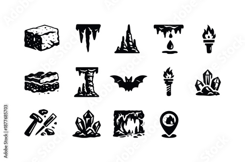Limestone Cave Icons. Limestone caves. Solid icon set of Limestone caves: limestone block, stalactite, stalagmite, cave drip, mineral layer, rock column, bat,