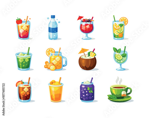 Colorful Non-Alcoholic Drinks. Non-alcoholic Party Drinks. Colorful flat vector icons set of Non-alcoholic Party Drinks: fruit fizz, sparkling water, berry