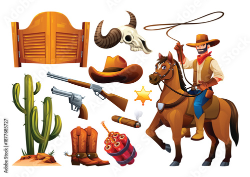 Cowboy riding a horse with lasso, saloon doors, and western desert elements. Vector cartoon illustration
