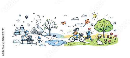 Winter to Spring Transition. Quiet winter to active spring. A calm winter scene slowly transforming into spring activity, with snow fading into greenery and