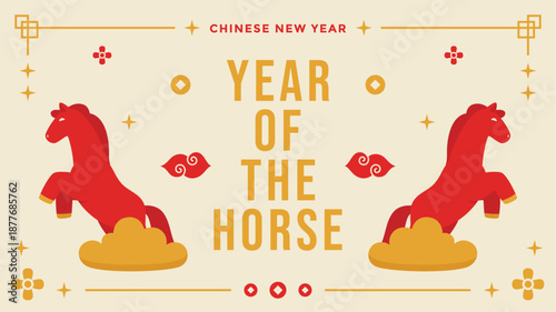 Year of the Horse greeting background with standing red horses on each side perfect for Chinese New Year celebrations, holiday events, and cultural designs.