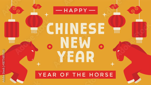Chinese New Year greeting design featuring red horses, traditional lanterns, and red clouds set against a yellow backdrop suitable for Year of the Horse celebrations and cultural events.