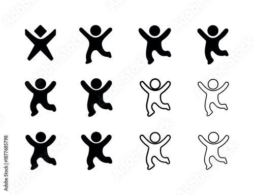 Children's Dance Logos. Children's dance. Icon set. Set Logo of children's dance: joyful jump pose. harmonious logo variations of the same emblematic concept,